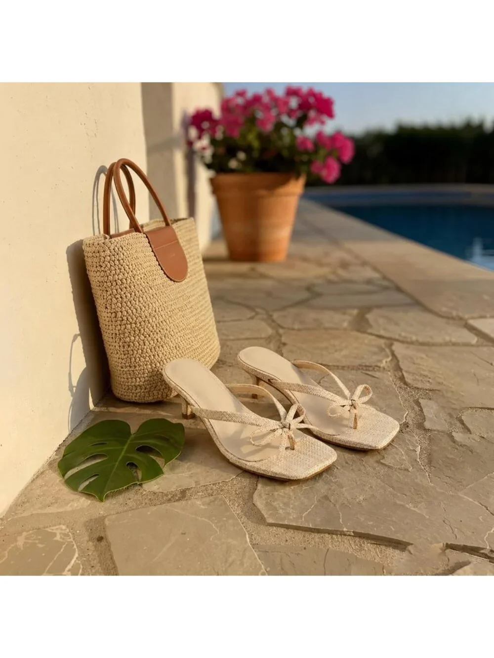 Women's Raffia Summer Square Toe Cute Bow Thong Slip On Flip Flop Kitten Heel